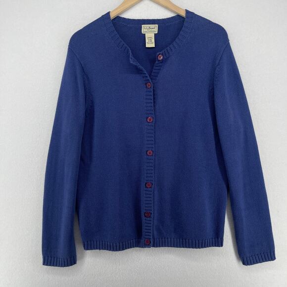 LL BEAN Sweater Womens M Button Up Cardigan Crewneck Cotton Blue - Picture 1 of 12